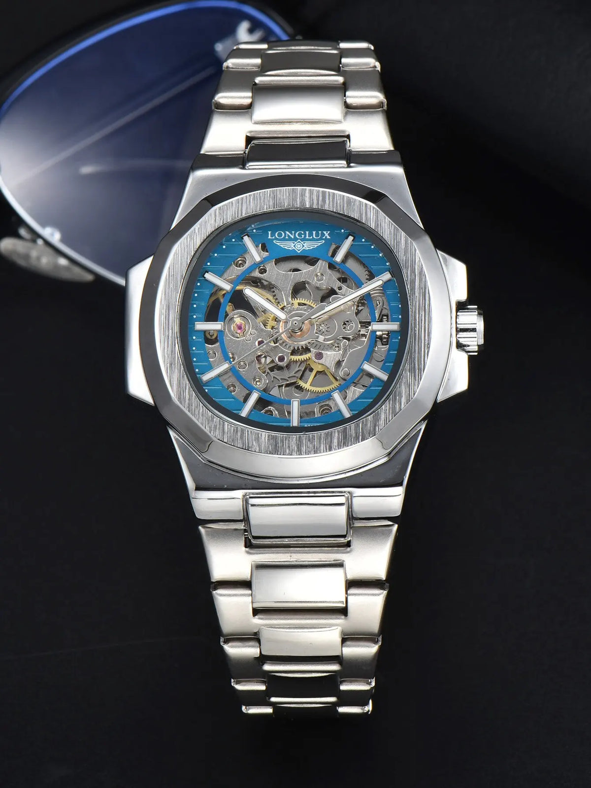 Reloj automático Skeleton, acabado azul y plata