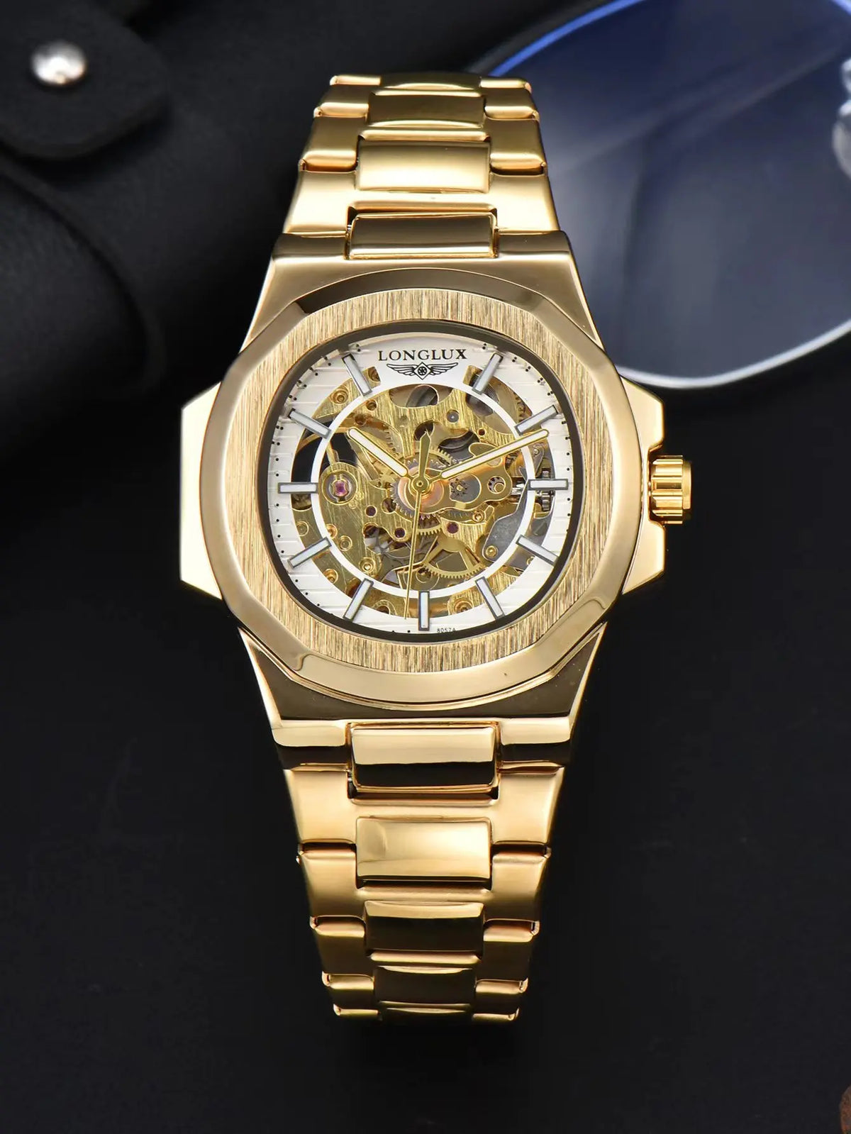Reloj automático Skeleton, acabado blanco y dorado
